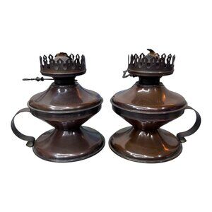 Vintage Copper Oil Lamps Set Of 2 Finger Handles Wick Adjustment Knobs Lot